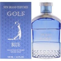Blue glass bottle of Golf Blue Eau de Toilette by New Brand Parfums, with silver cap and matching box.