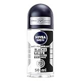 NIVEA MEN Black & White roll-on deodorant, 50ml, black cap, clear bottle, black and white label, 72hr protection.