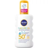 White Nivea Sun Babies Sensitive Protect SPF 50+ spray bottle with yellow cap and blue text.
