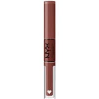 NYX lip shine in Boundary Pusher, dual-ended tube with brown pigment and clear gloss, sleek design.