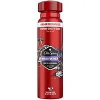 Red Old Spice Night Panther deodorant spray, 150ml, with black panther design and bold white text.