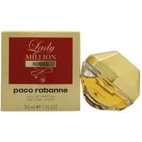 Gold diamond-shaped Lady Million Royal perfume bottle with matching box, red and gold accents, 30ml size.