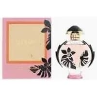 Paco Rabanne Olympea Flora Intense perfume, pink bottle with black floral design, next to matching pink box.