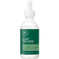 Clear glass bottle with dropper, green label, "Scalp Wellness" text, 55ml Paul Mitchell Tea Tree Oily Scalp Serum.