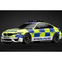 BMW police interceptor with blue and yellow checkered livery, emergency lights, and "POLICE" text on the side.