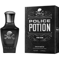 Black Police Potion For Him Eau De Parfum 30ml bottle with skull design, next to matching black box with white text.