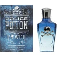 Blue Police Potion Power Eau De Parfum 50ml bottle with silver skull emblem and matching box.