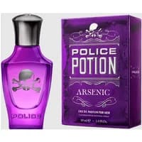 Purple skull-embossed perfume bottle with silver cap, next to matching purple box labeled "Police Potion Arsenic."