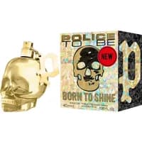 Gold skull-shaped Police To Be Born To Shine Eau De Toilette bottle, 40ml, with holographic box.