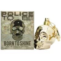 Gold skull-shaped Police To Be Born To Shine Eau De Toilette 75ml with matching box featuring skull design.