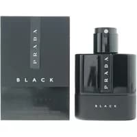 Black Prada Luna Rossa perfume bottle with sleek design, 50ml, next to matching black box with silver lettering.