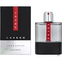Prada Luna Rossa Carbon Eau de Toilette 100ml, sleek silver and black bottle with red stripe, next to matching box.