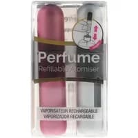 Silver and pink Pressit refillable perfume atomiser duo pack in clear packaging.