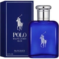 Blue Ralph Lauren Polo Blue Eau De Toilette bottle with silver cap and matching box featuring polo player logo.