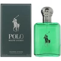 Green Ralph Lauren Polo Cologne Intense bottle with silver cap, featuring polo player logo, next to matching box.