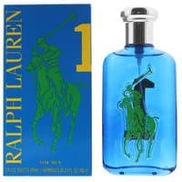 Blue Ralph Lauren RL Big Pony 1 bottle with silver cap, featuring green polo player logo, next to matching box.