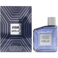 Replay Tank For Him Eau De Toilette 100ml, blue rectangular bottle with silver cap and geometric box design.
