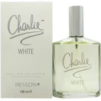 Revlon Charlie White Eau de Toilette 100ml, clear glass bottle with silver cap, next to matching white box.