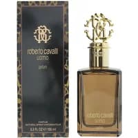 Roberto Cavalli Uomo Eau De Parfum 100ml, dark glass bottle with gold ornate cap, box with leopard print accents.