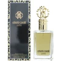 Roberto Cavalli Uomo Eau De Toilette 100ml, clear bottle with gold cap, ornate logo, and leopard print box.