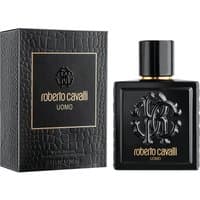 Black Roberto Cavalli Uomo Eau de Toilette 100ml bottle with embossed logo and matching textured box.