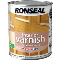 Ronseal Interior Matt Quick Dry Varnish can with wooden door image and Diamond Hard protection label.