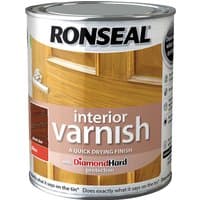 Ronseal Interior Quick Dry Gloss Varnish can with wood door image and red label, featuring Diamond Hard protection.