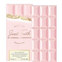Pink chocolate bar-shaped perfume bottle, "Sabrina Carpenter Sweet Tooth Eau De Parfum 75ml" packaging.