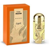 Sapil Fiery Passion EDP 100ml with gold cap, flame design on glass bottle, and orange box with gold accents.