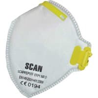 White Scan FFP1 fold flat disposable mask with yellow adjustable straps and printed certification details.