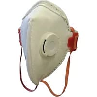 White fold flat FFP3 mask with valve, red adjustable straps, and contoured design for a secure fit.