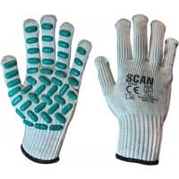 Latex foam gloves with green grip pads, gray knit fabric, and black trim, labeled "SCAN" on back, size XXL (11).