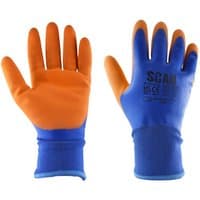 Orange and blue Scan W2101 thermal waterproof latex coated gloves, size XL, with textured grip and elastic cuffs.