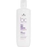 White Schwarzkopf BC Bonacure Frizz Away Shampoo bottle, 1000ml, with purple text and black logo.
