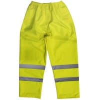 Hi-vis yellow waterproof trousers with reflective bands, elastic waistband, and loose fit, size XX-Large.