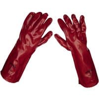 Red Sealey PVC gauntlet gloves with glossy finish and extended cuffs for protection.