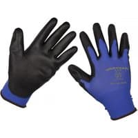 Black and blue Sealey precision grip gloves, X-Large, with textured palms and elastic cuffs, pack of 12 pairs.