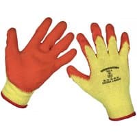 Yellow knitted gloves with red latex palms and fingertips, Sealey logo on back, X-Large size.