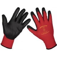 Red and black Sealey 9125XL Flexi Grip nitrile palm gloves, X-Large, with logo on back and textured grip surface.