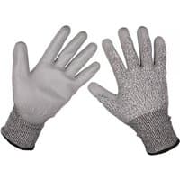 Gray Sealey anti-cut PU gloves, cut level C, X-Large, with textured palms and elastic cuffs, shown front and back.