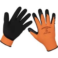 Orange and black foam latex gloves, X-Large, with textured palms and Sealey logo on back.