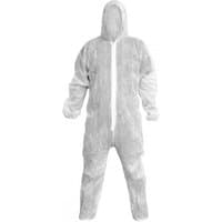 White Sealey 9601XL disposable coverall with hood, zipper front, elastic cuffs, and ankles, size X-Large.