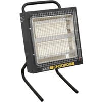 Black Sealey CH30 ceramic heater with metal grille, dual heating elements, and sturdy handle on angled stand.