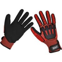 Red and black Sealey cut and impact resistant work gloves with textured palms and reinforced knuckles.
