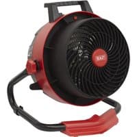 Red and black Sealey FH3000 industrial fan heater with a circular grill and sturdy handle.