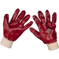 Red PVC waterproof gloves with knit wrist cuffs, designed for general purpose use by Sealey.