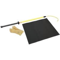 Sealey High Voltage PPE Kit with yellow insulated hook, black mat, and tan protective gloves.