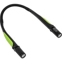 Black and green Sealey rechargeable SMD LED neck torch with flexible arms and dual light heads.