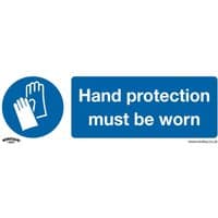 Blue and white Sealey self-adhesive vinyl sign with glove icon and text "Hand protection must be worn," pack of 10.