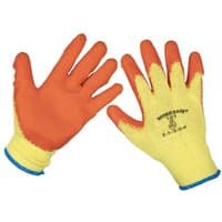 Yellow knitted gloves with orange latex palm and blue cuffs, Sealey logo on back, pack of 6 pairs, size X-Large.